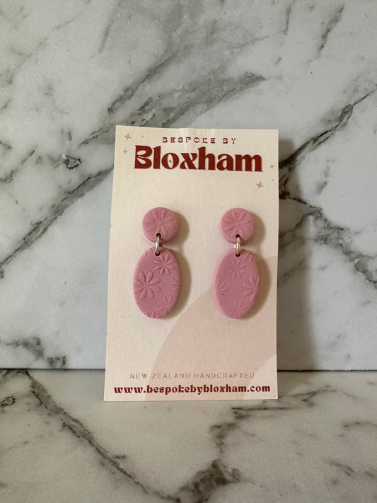 Oval Flower Pink Clay Earrings