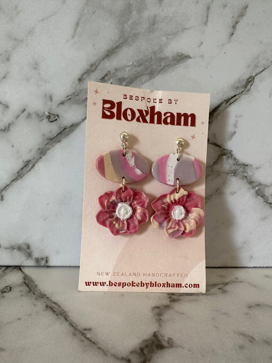 Marble Oval Flower Pink Clay Earrings